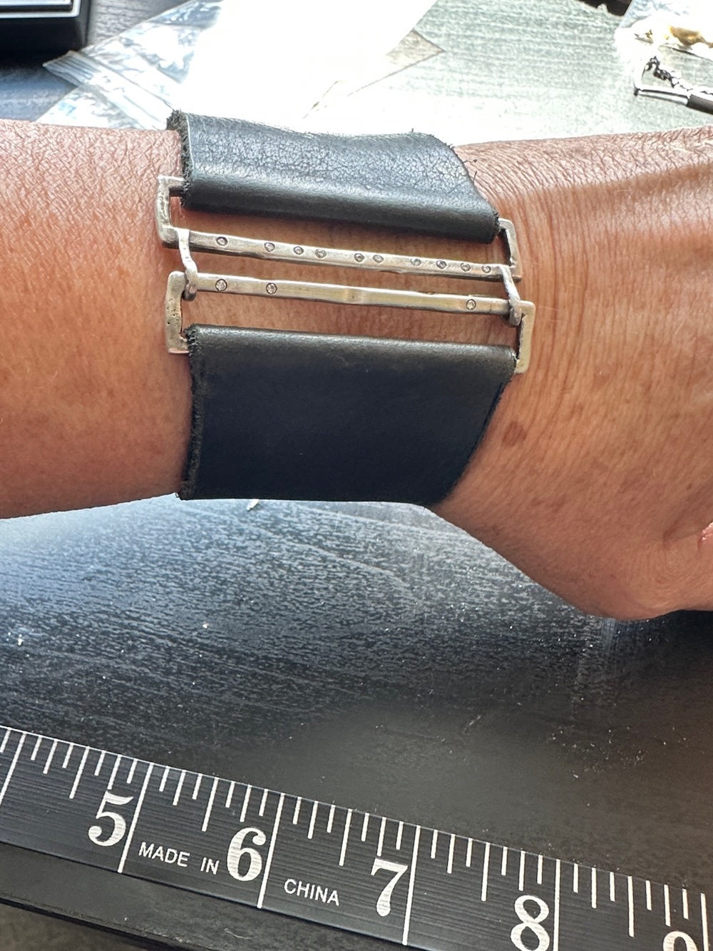 Saundra Messinger Black Leather Wide Cuff with 13 diamonds on s/s bar clasp 7”